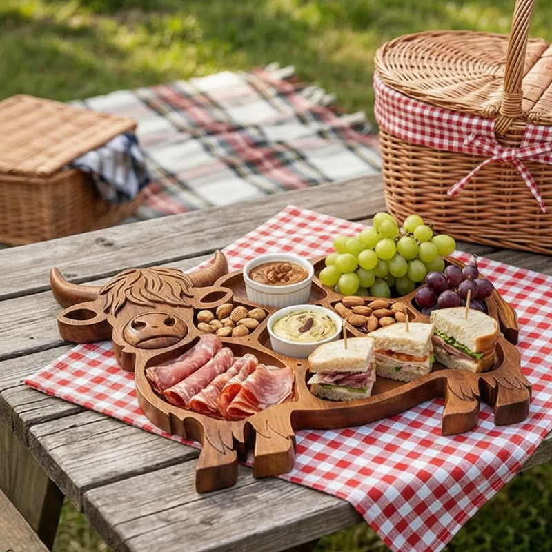 Highland Cow Wooden Charcuterie Board Rustic Farmhouse Appetizer Platter Cheese Serving Board