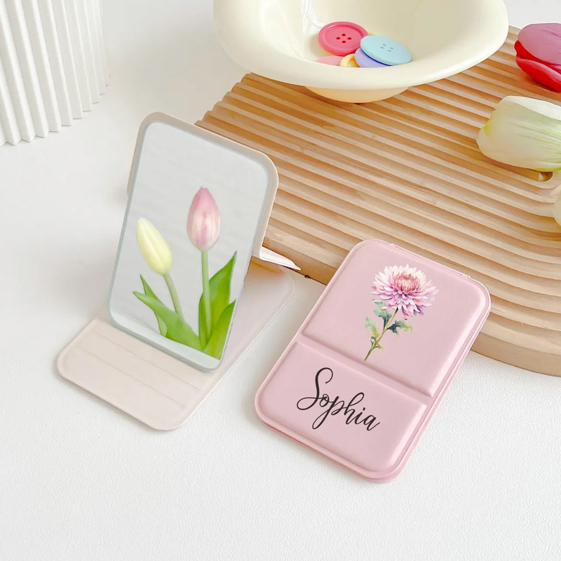 Personalized Square Makeup Mirror Pocket Mirror with Custom Birth Flower and Name Mother's Day Gift