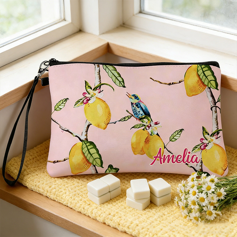 Personalized Mahjong Name Linen Handbag Pink Bird and Lemon with Zipper and Wrist Strap Gift for Mahjong Lovers