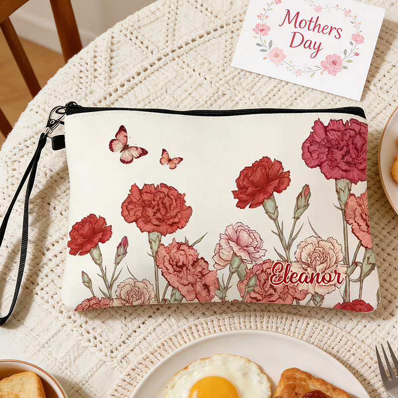 Personalized Name Linen Handbag Mother's Day Birthday Flowers with Zipper and Wrist Strap Gift for Mom