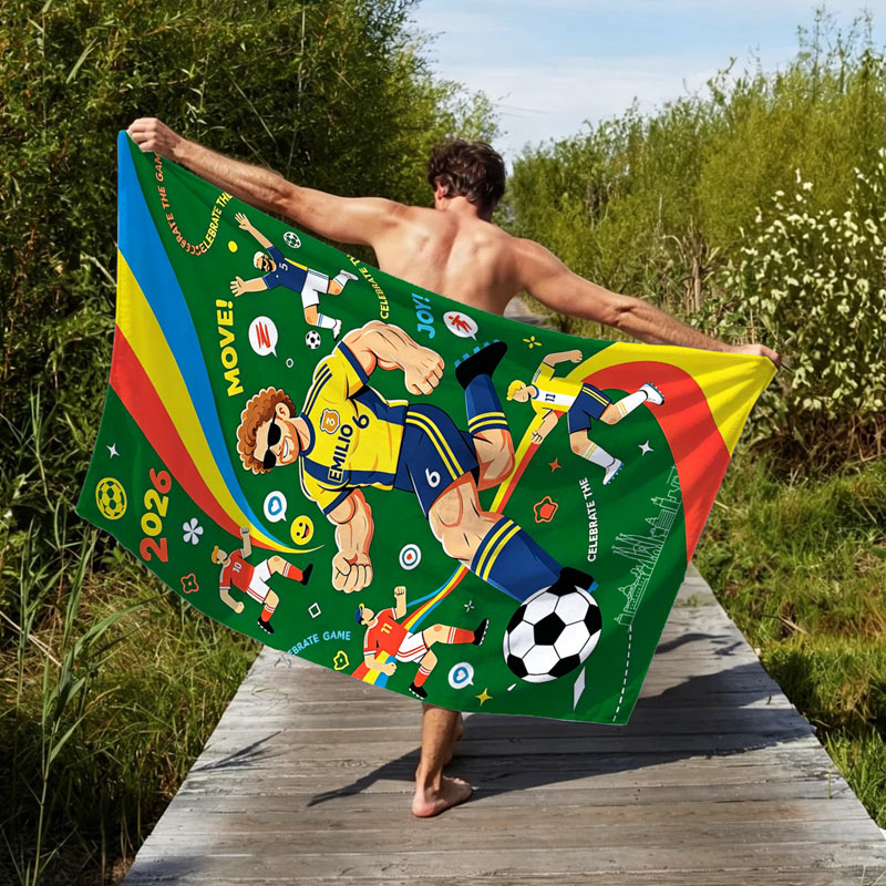Personalized Cartoon Football Player Print Beach Towel 2026 Quick-Dry Oversized Bath Towel Custom Name Number for Soccer Fans Summer Travel