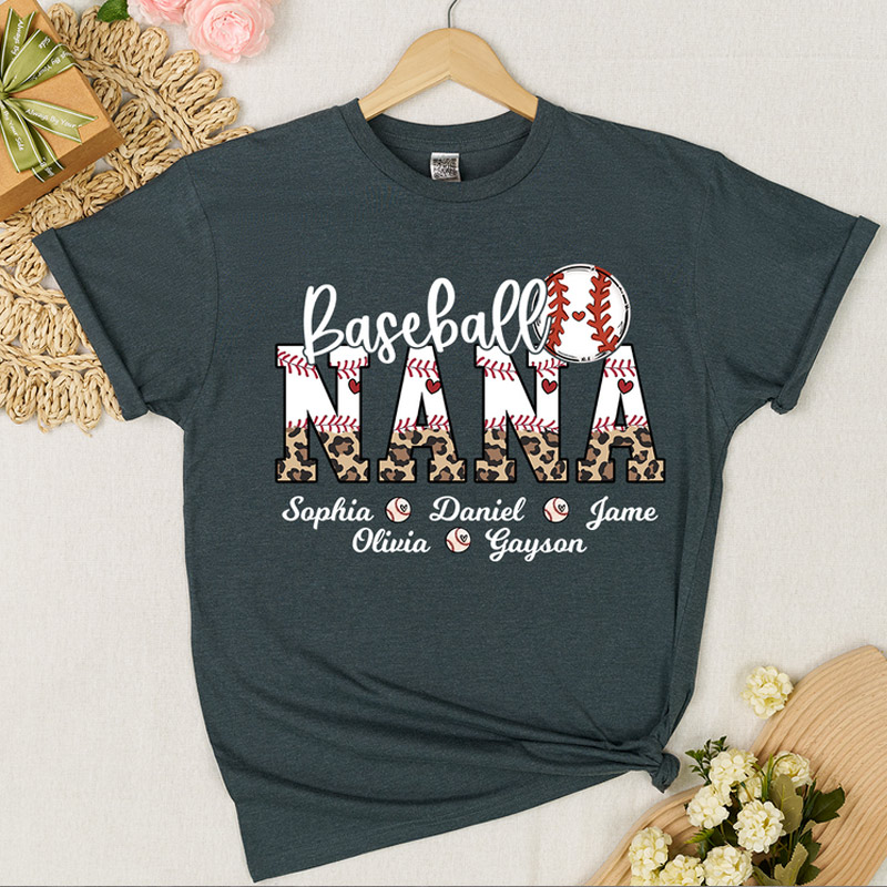 Personalized Leopard Baseball Softball Nana Custom Grandma And Grandkids T-shirt Gift for Mom