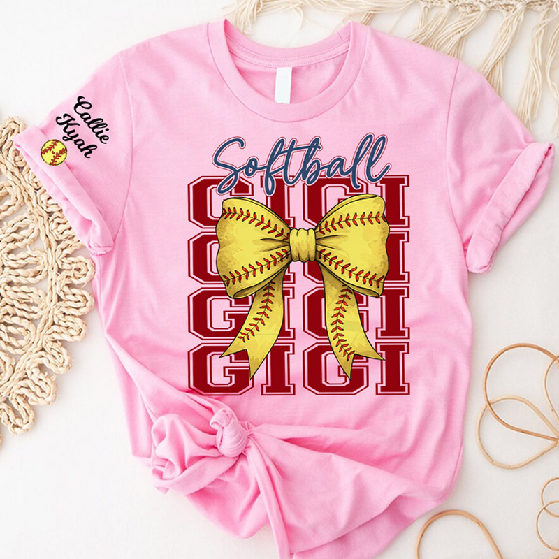 Personalized Bow Tie Baseball Softball Mama T-Shirt Customized with Names Gift for Baseball and Softball Moms and Grandmas