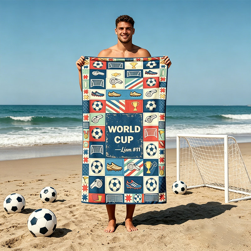 Personalized Soccer World Cup Beach Towel Custom Name and Number Quick Dry Microfiber Football Fan Towel