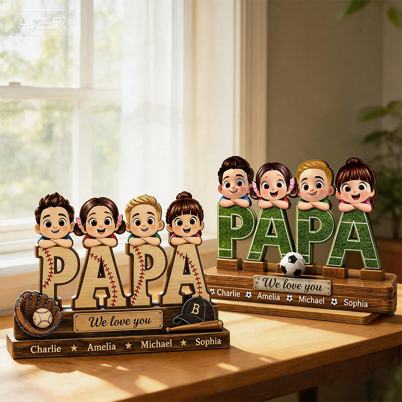 Personalized PAPA Wooden Desktop Ornament Sports Dad Cute Custom Avatars for KidsFather's Day Gift