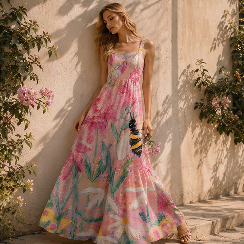 Oil Painting Pink Garden Bee Hand‑Painted Maxi Dress