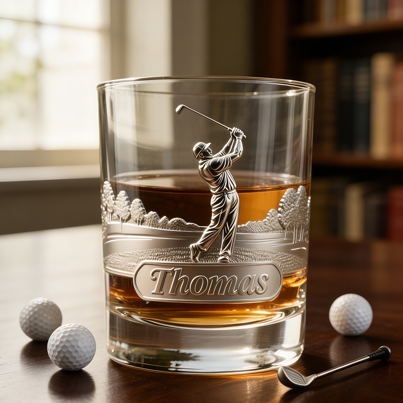 Personalized Golf Whiskey Glass 2D Metallic Style Print with Custom Name for Golf Lovers