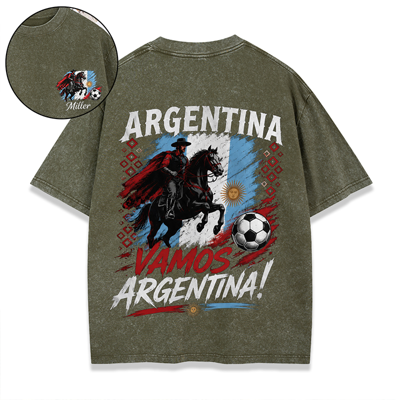 Personalized Football Washed T-shirt Vamos Argentina Gaucho Custom Name Gift for Argentina Football Fans