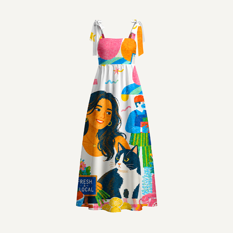 Personalized Colorful Illustrations Maxi Dress Tie-Shoulder Custom Name and Photo Casual Summer Sundress