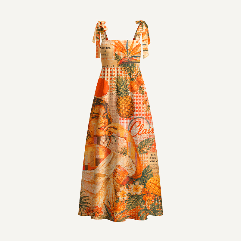 Personalized Vintage Tropical Collage Print Maxi Dress Tie-Shoulder Custom Name and Photo Summer Vacation Dress