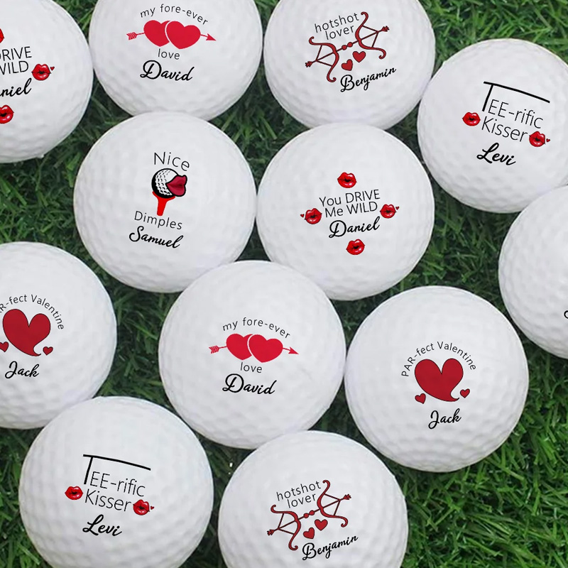 Personalized Fun Red Kiss Lip Shaped Heart Set of 3 Golf Balls Valentine's Day Anniversary Gift for Golf Loving Couples