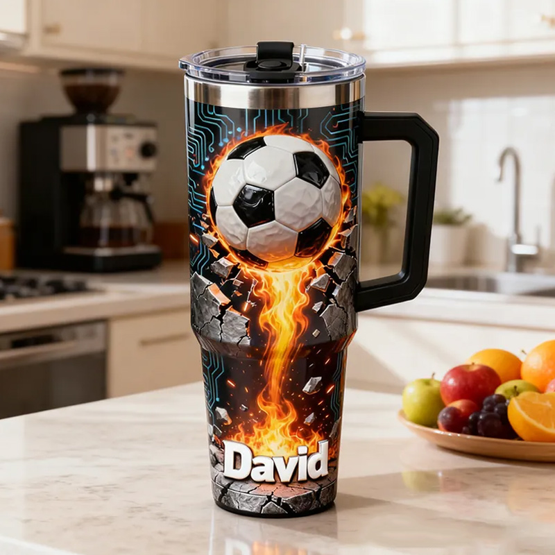 Personalized Soccer Tumbler with Custom Name and Flaming Ball Design for Fans and Athletes