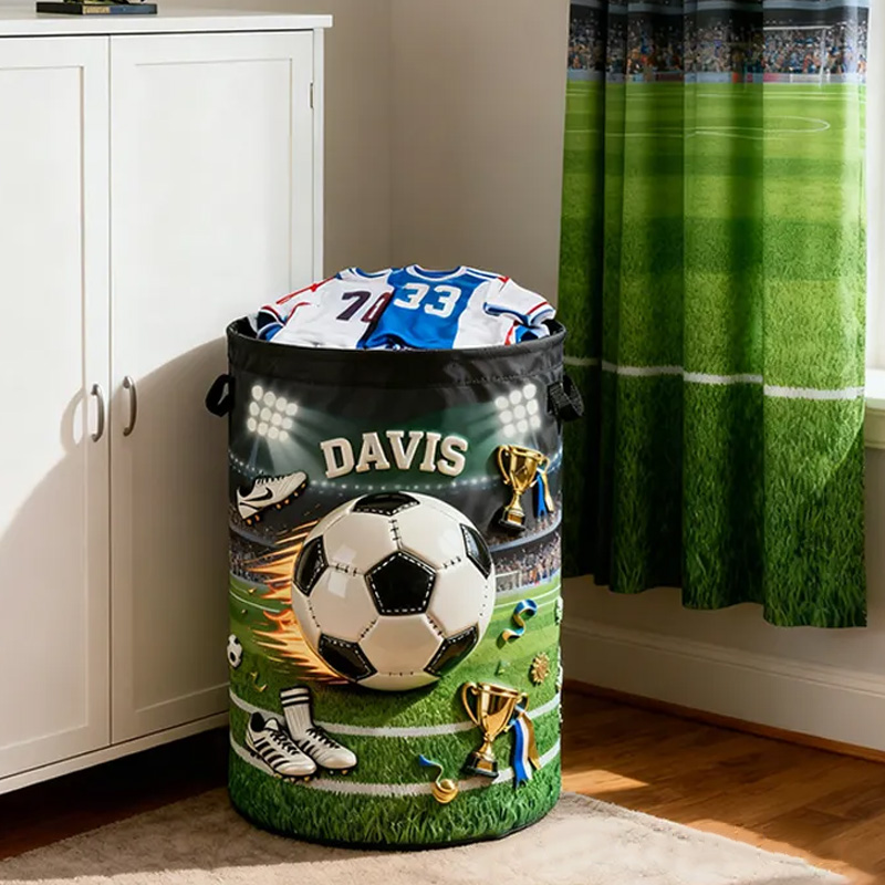 Personalized Soccer Storage Basket with Custom Name and Trophy Design for Kids and Soccer Fans