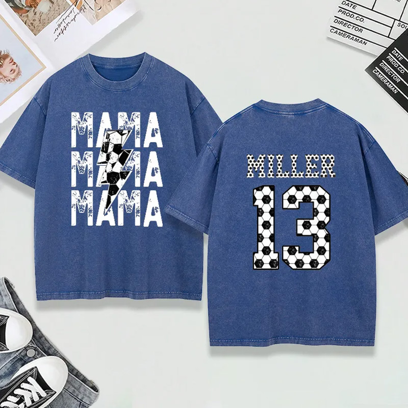 Personalized Washed T-Shirt "Mama" Soccer with Custom Name and Number Design