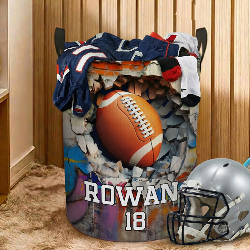 Personalized Sports Ball Design Waterproof Storage Laundry Basket with Handle and Number Name Birthday Housewarming Gift for Ball Sports Lovers