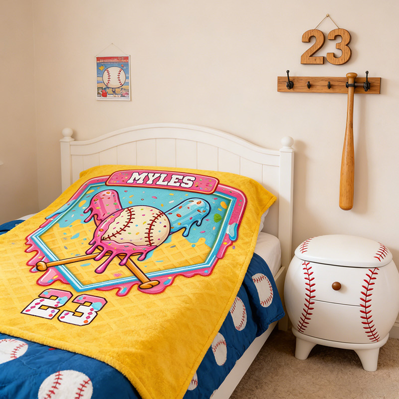 Personalized Baseball Blanket with Melting Ice Cream Baseball Custom Name and Number Baseball Lovers