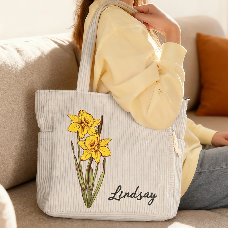 Personalized Birth Flower Corduroy Large Capacity Tote Bag with Name Daily Use Birthday Gift for Women