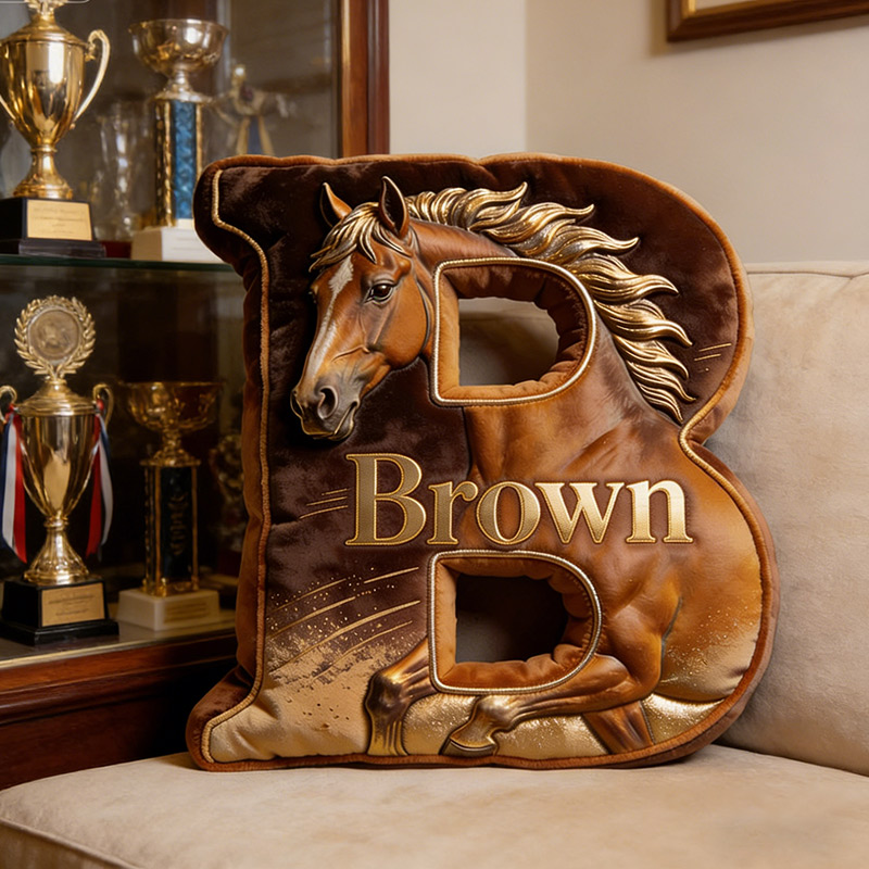 Personalized Horse Letter Pillow Golden Horse Print Custom Name Gift for Equestrian Enthusiasts