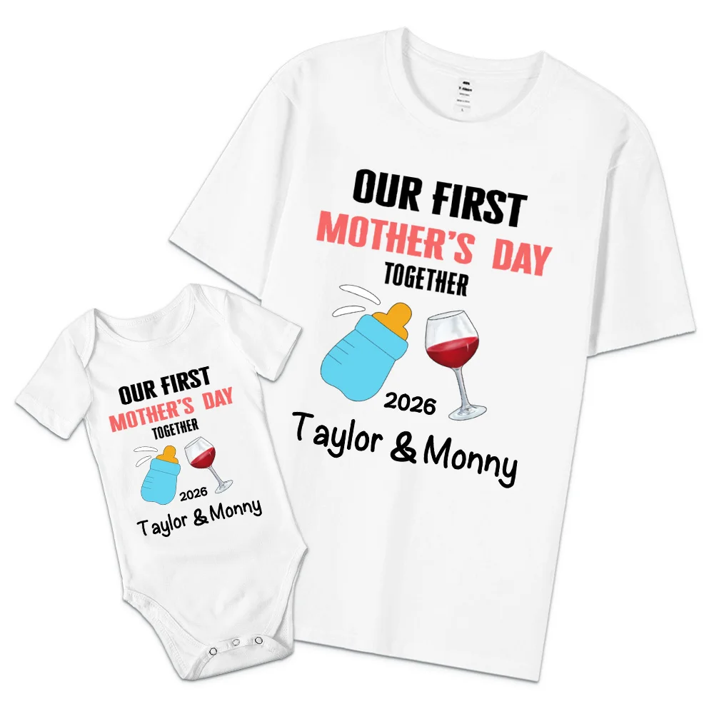 Personalized Cute Bear Bunny Giraffe 100% Cotton T-Shirt and Baby Onesie Our First Mother's Day T-shirt Funny Mummy and Baby Gift Mama and Me tee Baby bodysuit