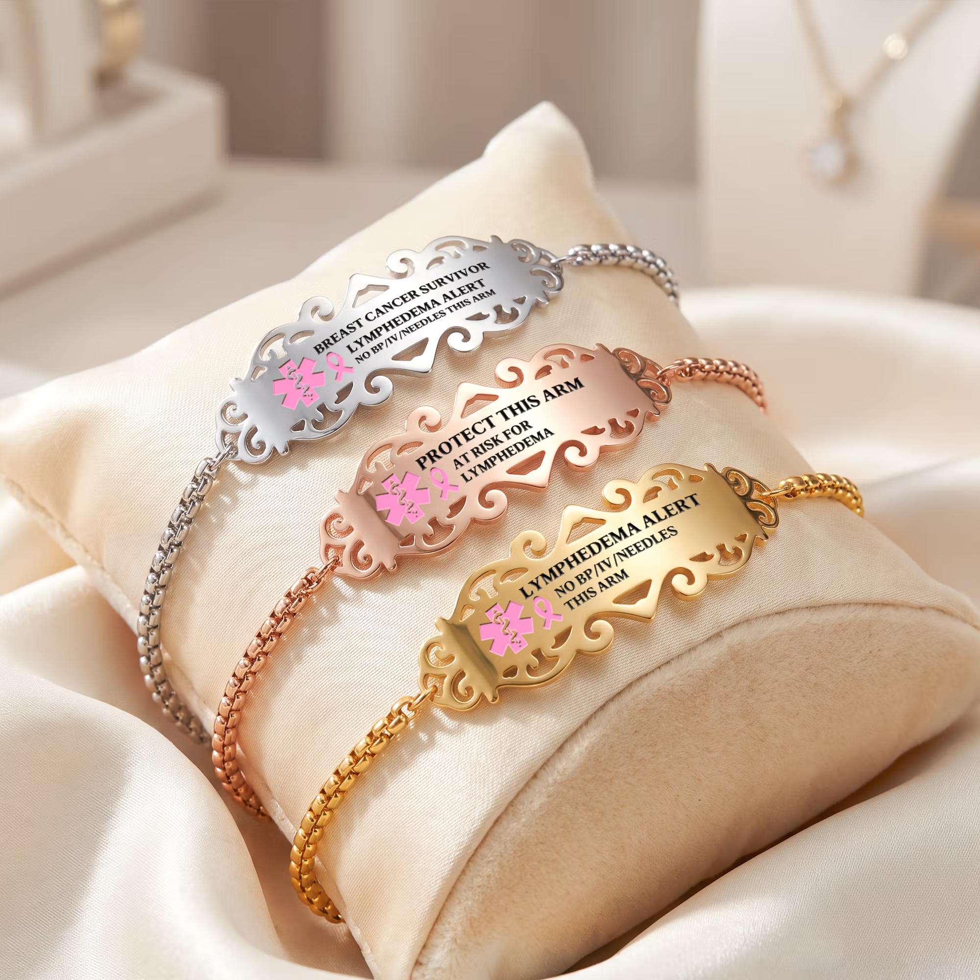 Personalized Pink Ribbon Bow Lymphedema Medical Alert Bracelet with Engraved Text and Title Emergency Jewelry Care Gift for Breast Cancer Woman