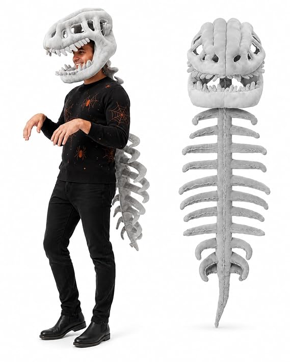 3D Dinosaur Skeleton Plush Hat with Long Spine Tail, Funny Giant Dino Bone Headwear, Halloween Cosplay Costume Novelty Photo Prop Party Dress-up Accessory