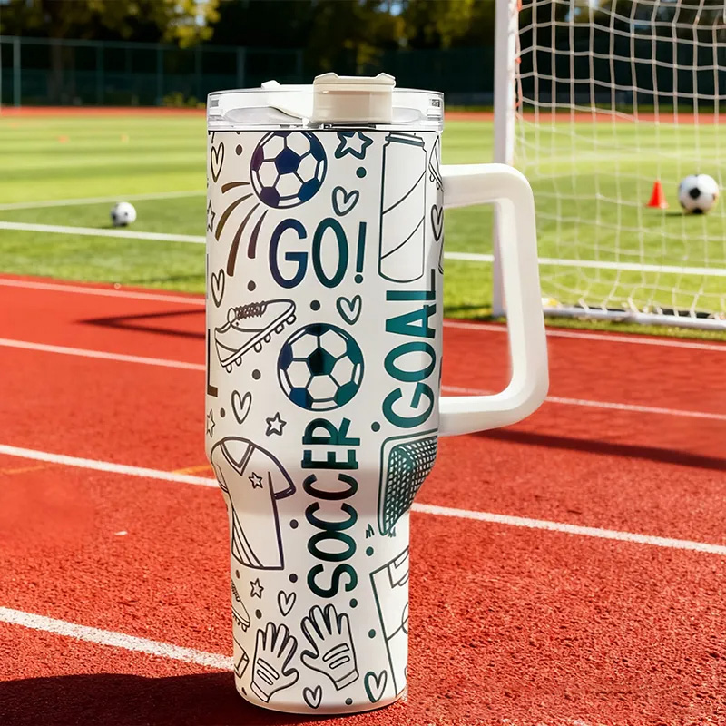 Personalized Soccer Travel Mug with Fun Doodle Design Perfect for Fans on the Go