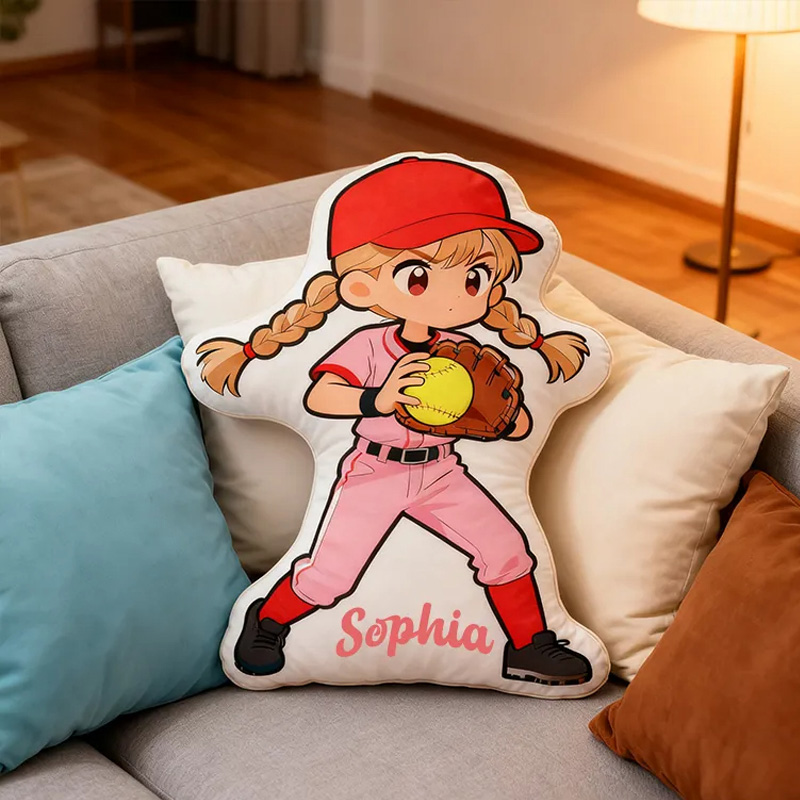 Personalized Softball Player Pillow with Custom Name and Cute Design
