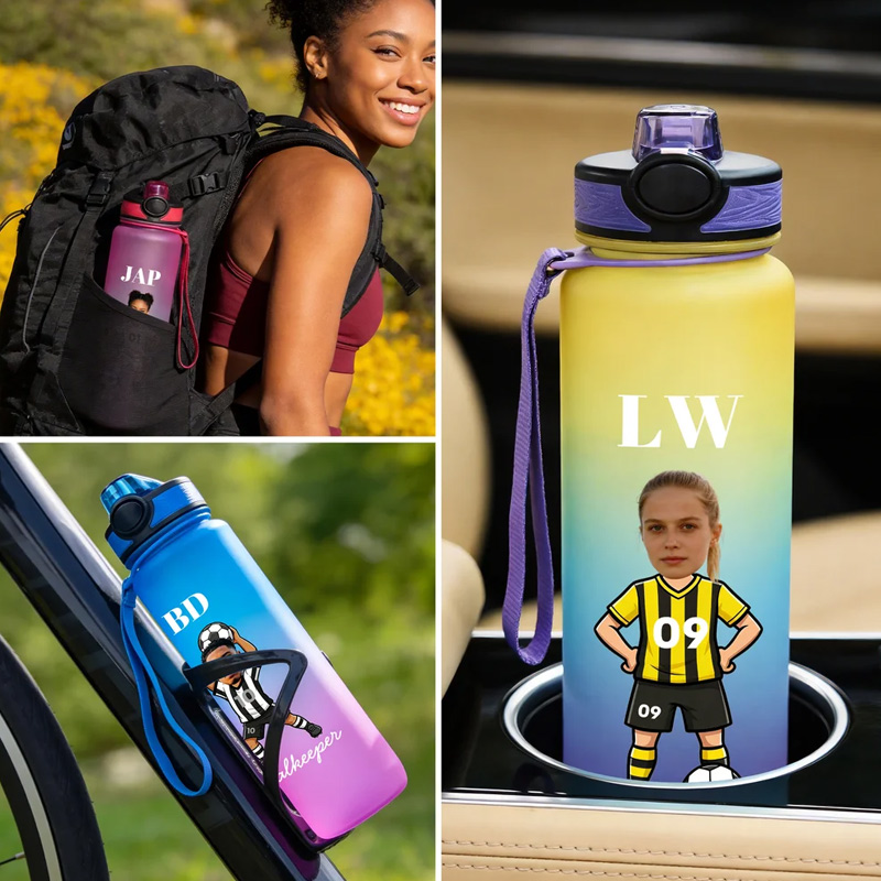 Personalized Cartoon Soccer Character Face Photo 32 oz Water Bottle with Name and Number Birthday Gift for Soccer Fans Lovers