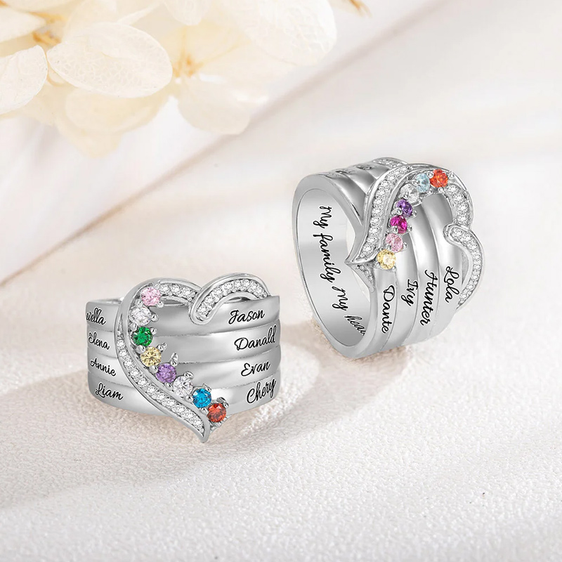 Personalized 1-8 Birthstones Heart Family Ring Where Hearts Meet Love Gleams In Every Stone