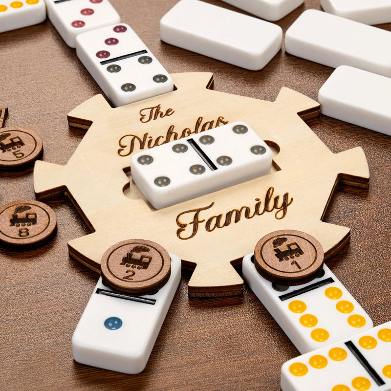 Personalized Wooden Mexican Train Domino Hub & Holder Engraved Basswood Set 11 or 15 Holder Gift for Family