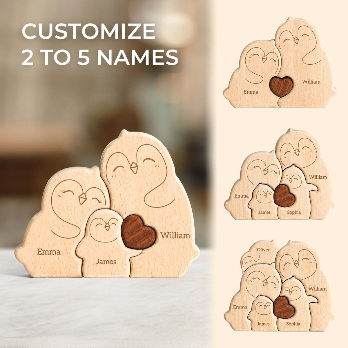 Personalized little Penguin Family Wooden Puzzle Ornament Holiday Gift Heartwarming Family Ornament