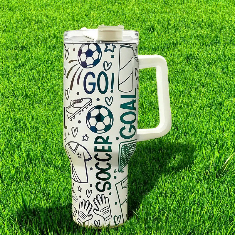 Personalized Soccer Travel Mug with Fun Doodle Design Perfect for Fans on the Go