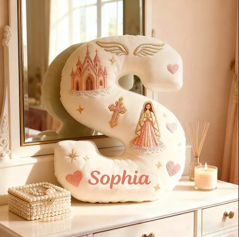 Personalized Virgin Mary Letter Pillow with Custom Name Kid Room Decor Church Cross Angel Wing Religious Faith Gift for Her Graphic 3D Print Pillow