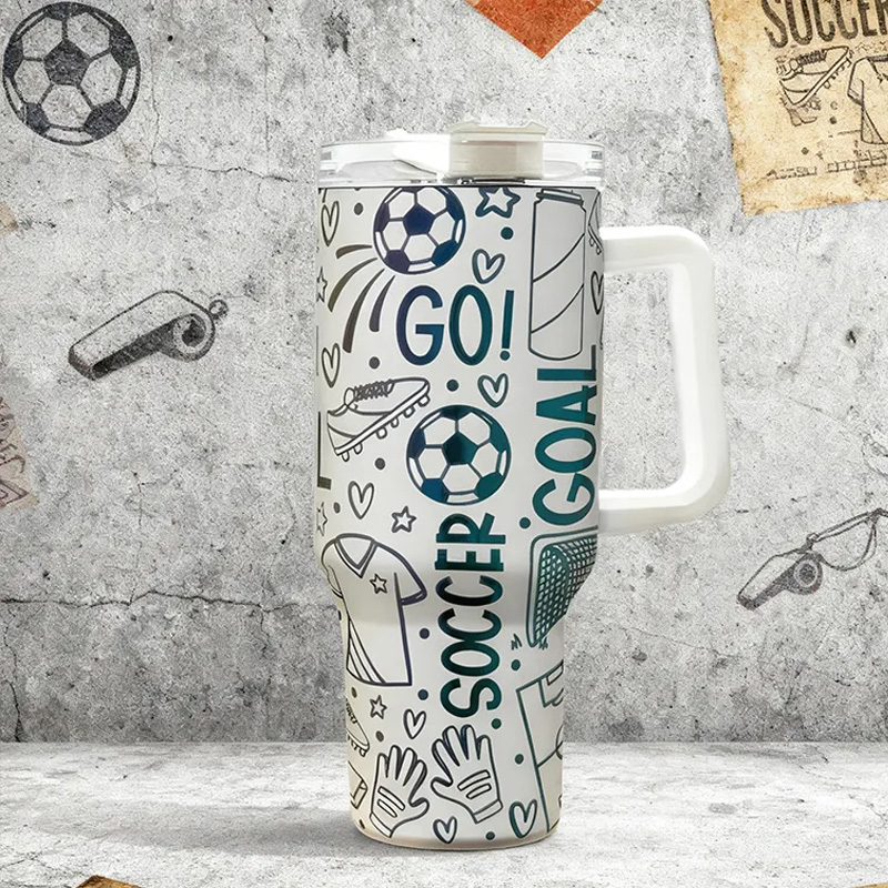 Personalized Soccer Travel Mug with Fun Doodle Design Perfect for Fans on the Go