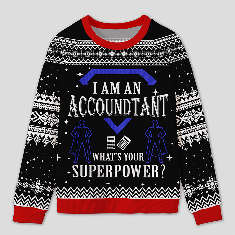 Personalized Super Accountant Humor Ugly Sweater Office Holiday Party Gift for Finance Pros
