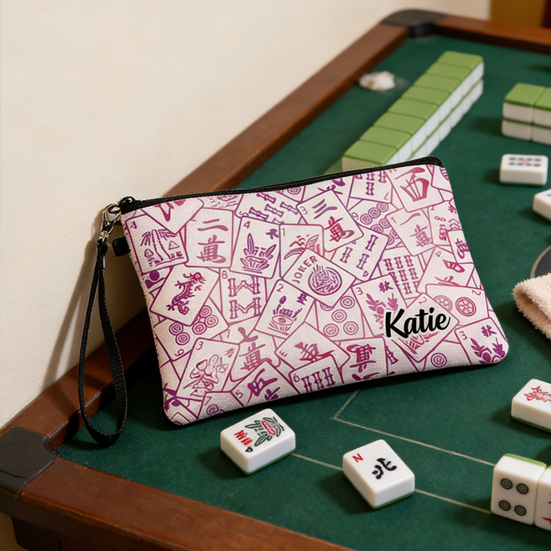 Personalized Multicolor Mahjong Name Linen Handbag with Zipper and Wrist Strap Gift for Mahjong Lovers