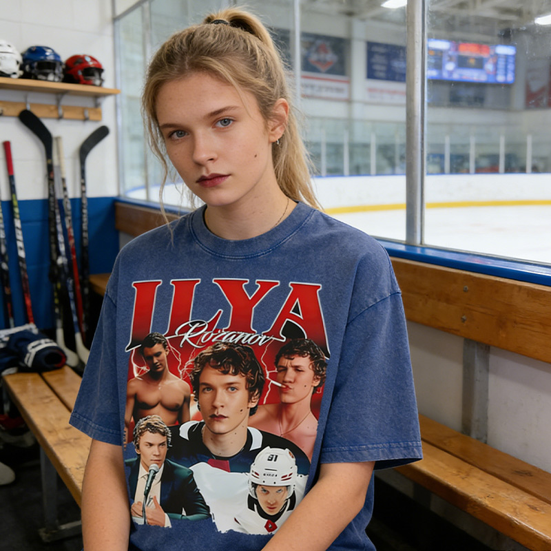 Personalized Ice Hockey Fans Washed T-Shirt with Custom Red Lightning Image Gift for Fans