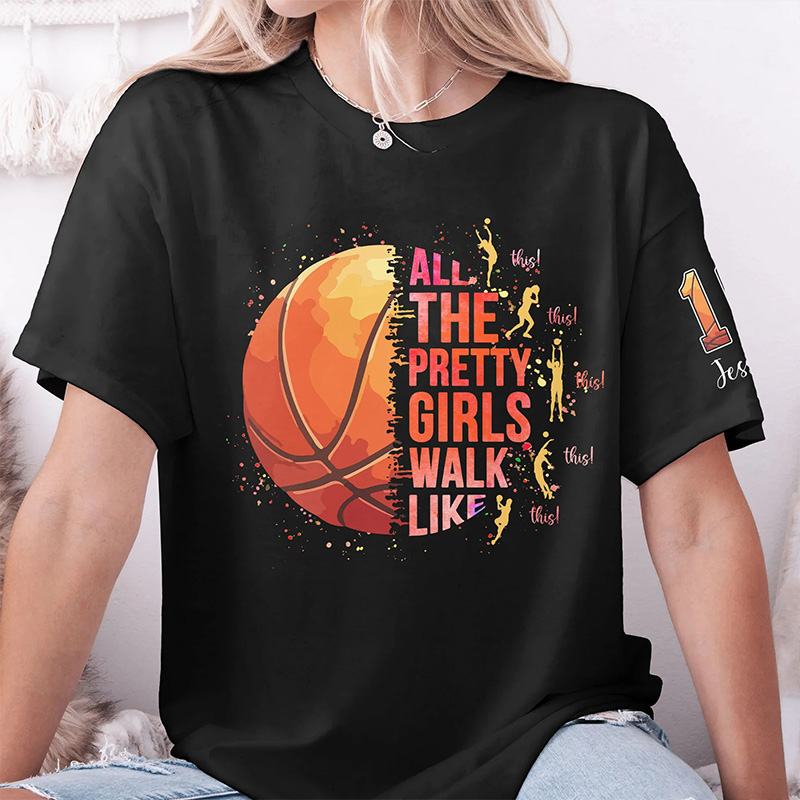 Personalized Basketball T-Shirt with "Pretty Girls Walk Like This" Design and Custom Name & Number