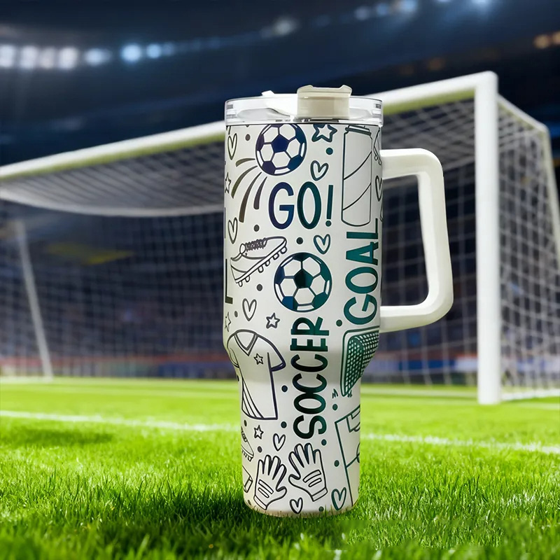 Personalized Soccer Travel Mug with Fun Doodle Design Perfect for Fans on the Go