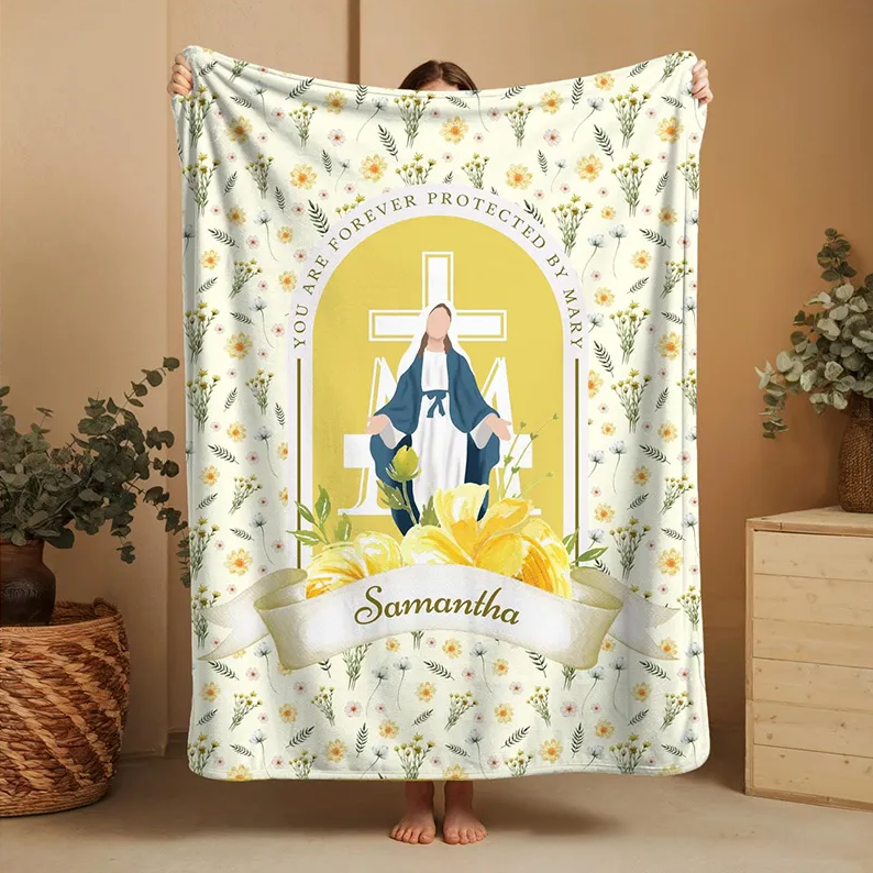 Personalized You are Forever Protected by Mary Soft Throw Blanket with Name Yellow White Floral Marian Catholic Plush Blanket Religious Baptism Gift