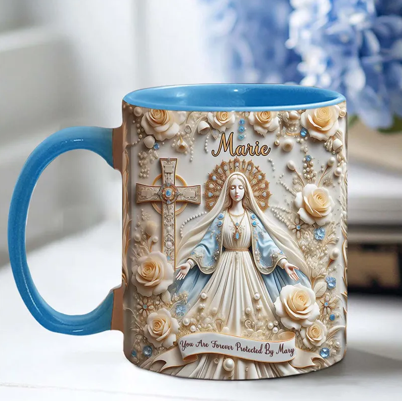 Personalized you are Forever Protected by Mary Ceramic Mug with Name Religious Inspirational Gift Catholic Gift for Women