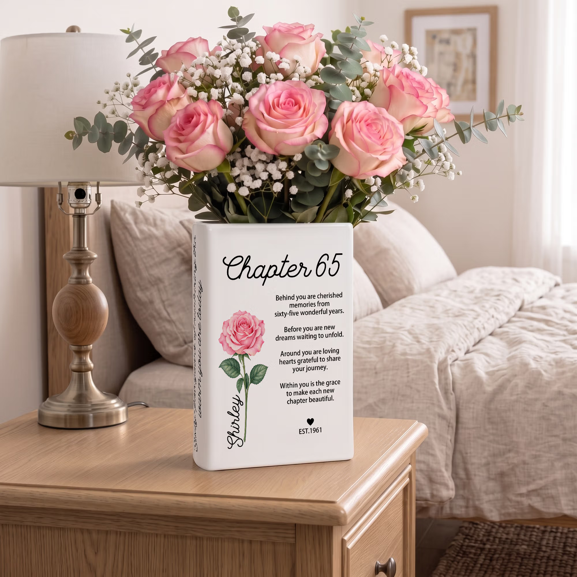 Personalized Birth Flower Ceramic Book Vase with Name Year and Text Home Decor Anniversary Gift for Bookworms Flower Lovers