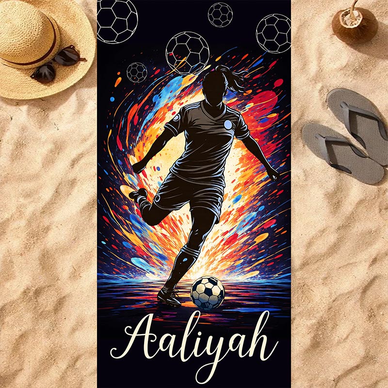 Personalized Soccer Beach Towel Kick of Fire Custom Name Gift for Soccer Lovers