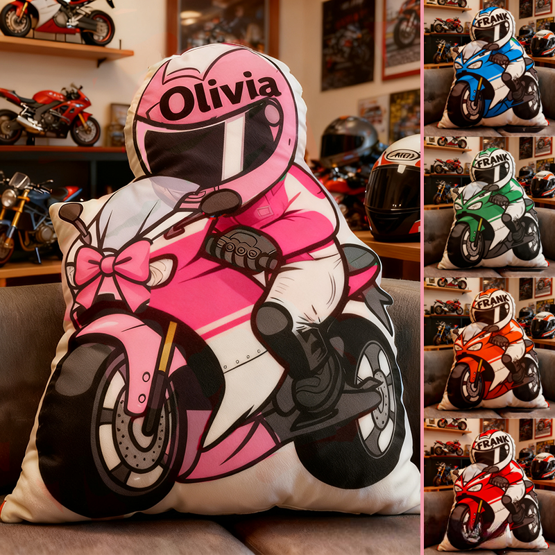 Personalized Biker Shaped Pillow Custom Name Cushion Gift for Motorcyclists and Motorcycle Enthusiasts