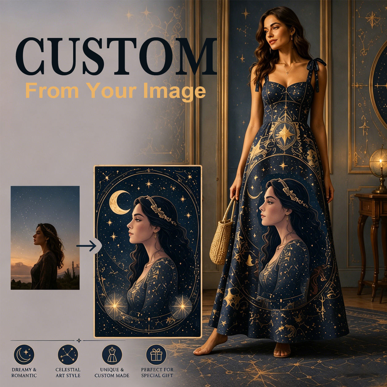 Personalized Starry Maxi Dress Custom Star Night Sky Celestial Portrait  Gift for Her