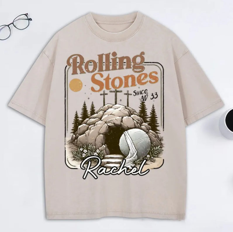 Personalized Rolling Stones Washed T-Shirt with Custom Name Christian Shirt Religious Christian Gift Easter Gift for Christians