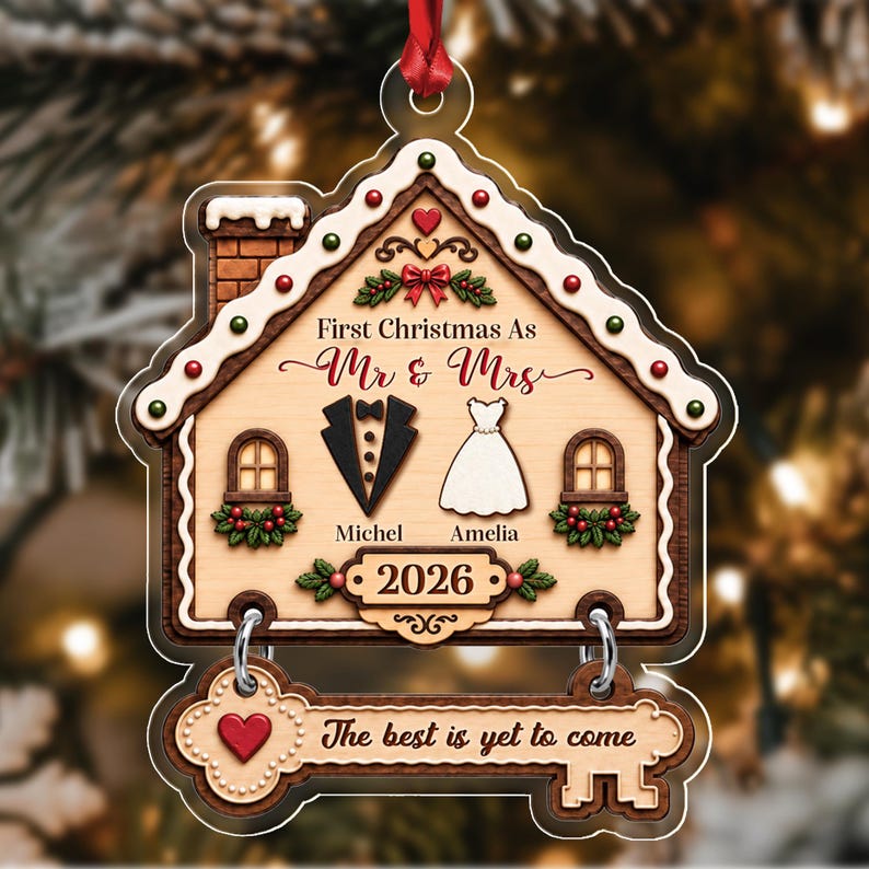 Personalized First Christmas As Mr & Mrs Married Ornament, Gingerbread House Acrylic 2D Flat