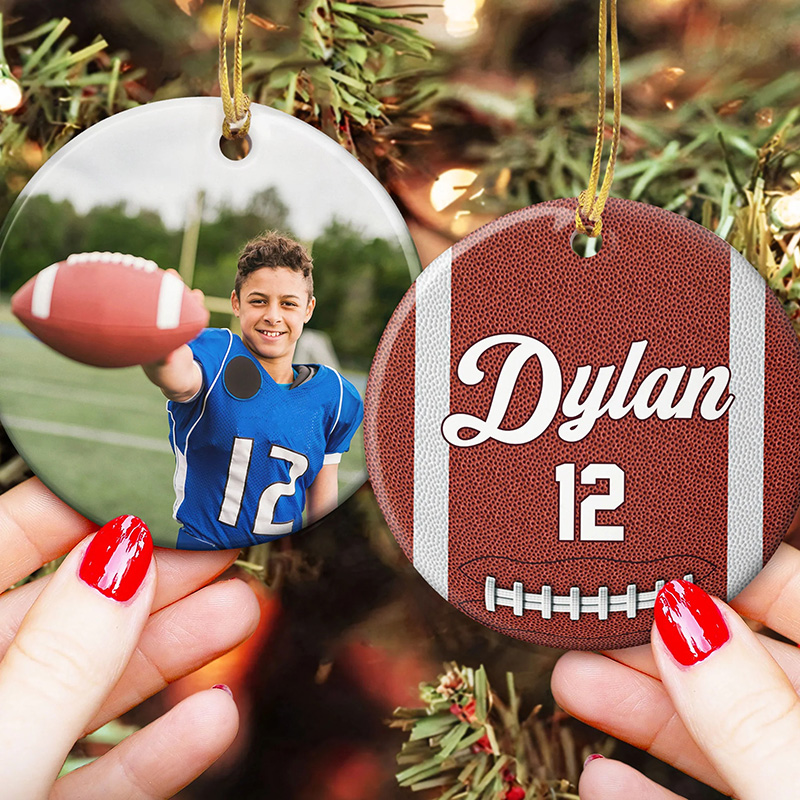 Personalized Sports Christmas Ornament with Custom Photo Name and Number Design for Basketball Soccer Softball Tennis and Football