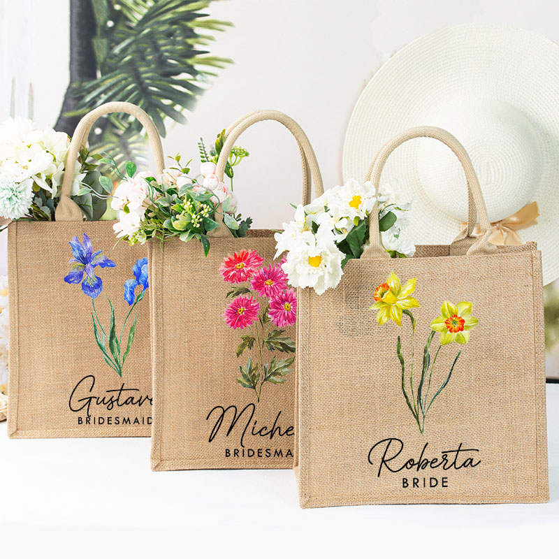 Personalized Bridesmaid Birth Flower Burlap Tote Bag Custom Bride Month Flower Beach Bag Wedding Jute Tote Bag Bachelorette Party Bridal Shower Gift