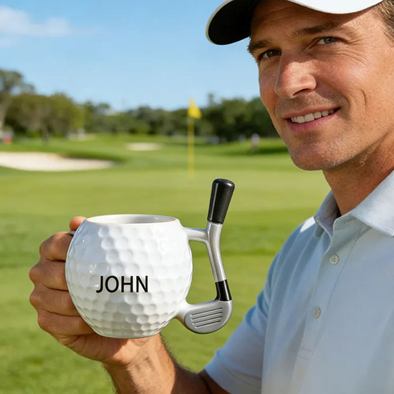 Personalized Golf Ball Coffee Mug with Club Handle and Custom Name for Golf Enthusiasts